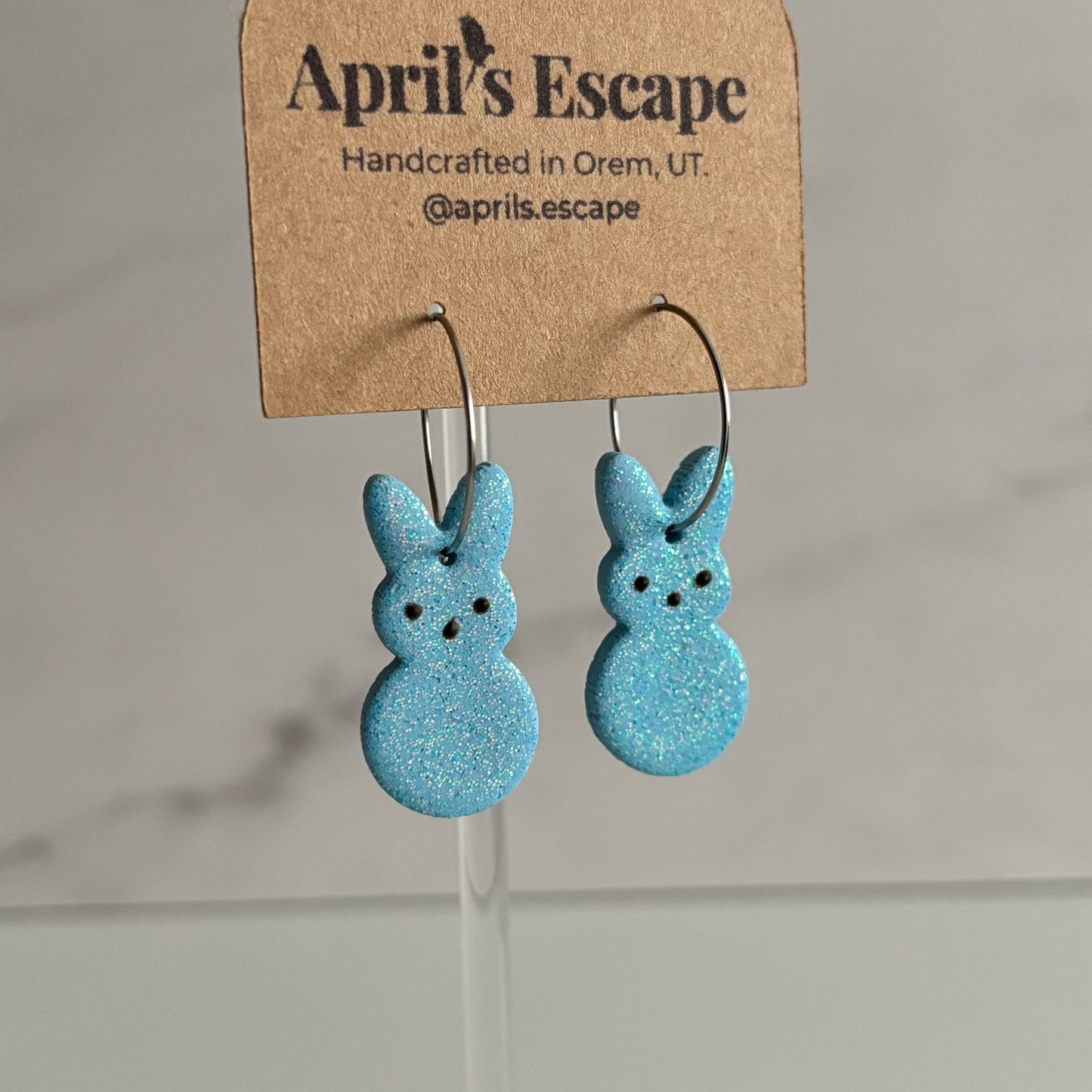 Glitter Bunny Peeps Earrings – Lightweight, Hypoallergenic, Handmade – Surgical Steel Hoops or Titanium Hooks – Made to Order